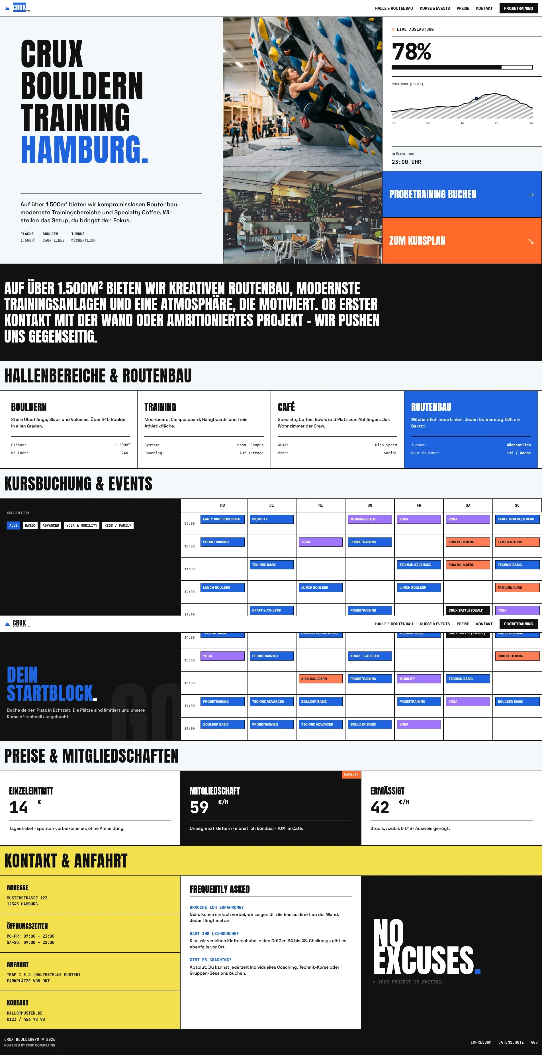 Crux Bouldern Webseite – Desktop-Ansicht