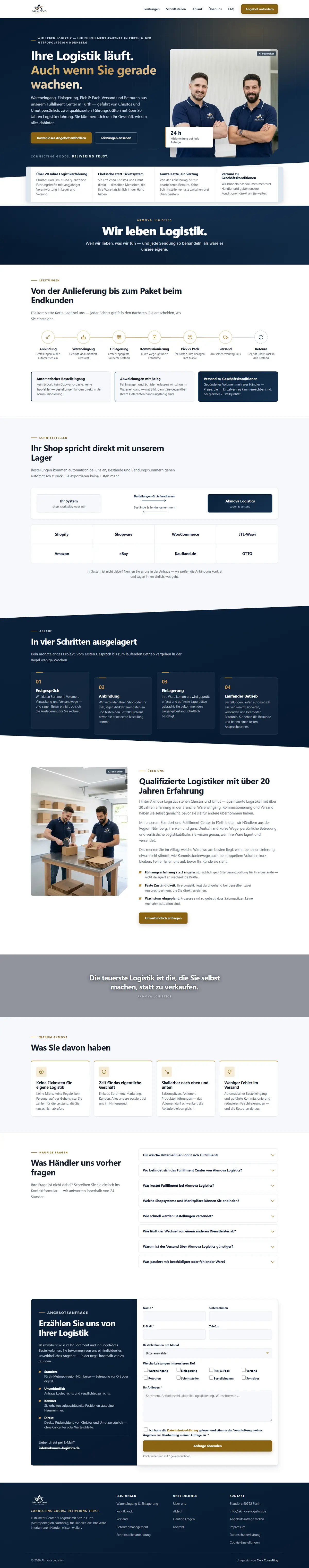 Startseite von Akmova Logistics auf dem Computer, ganze Seite