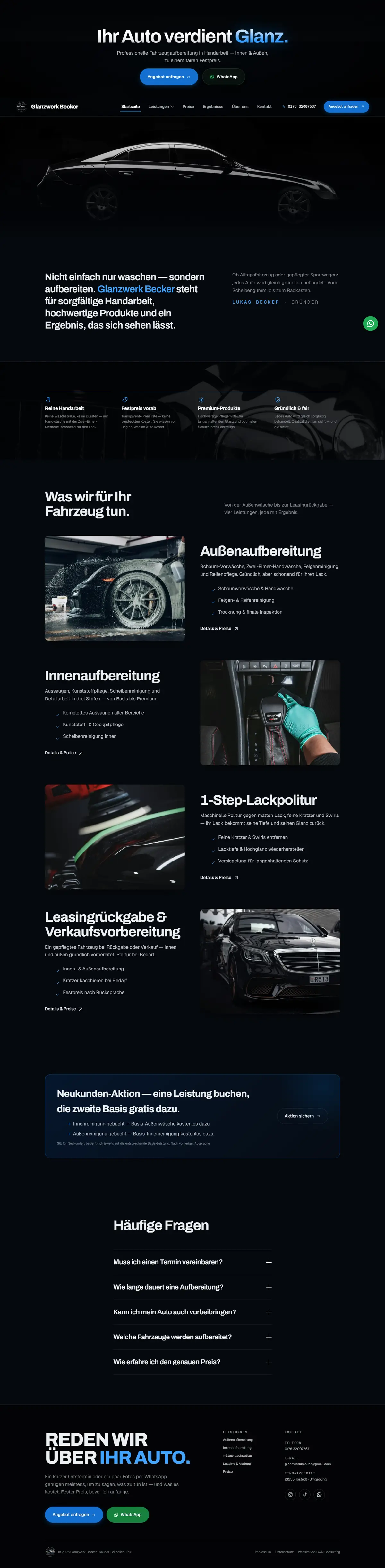 Startseite von Glanzwerk Becker auf dem Computer, ganze Seite