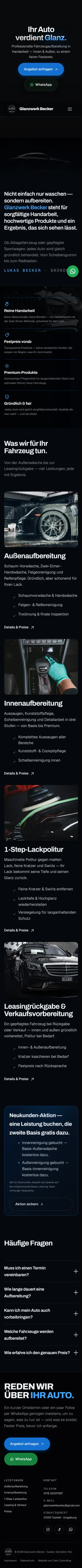 Startseite von Glanzwerk Becker auf dem Smartphone, ganze Seite