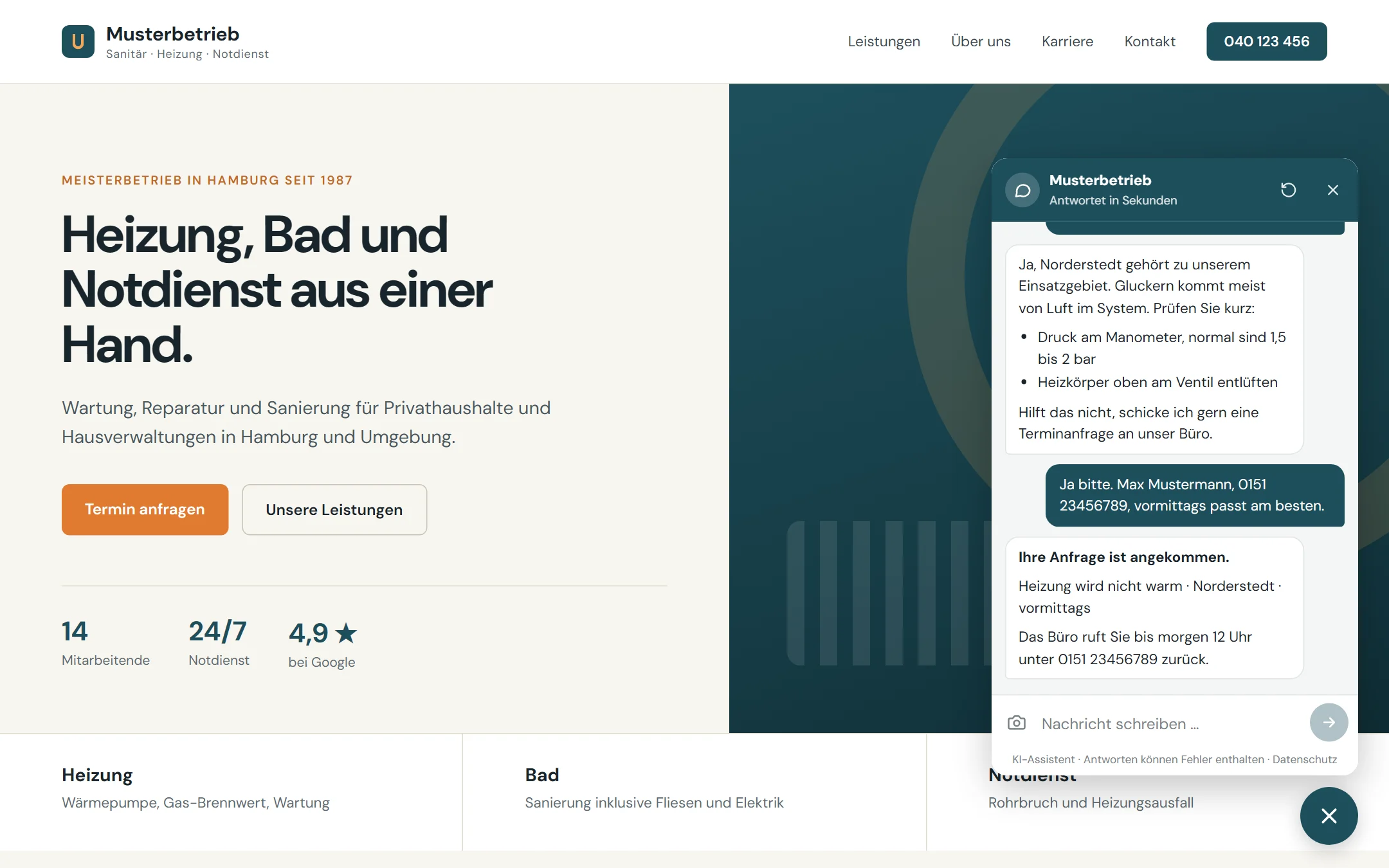 Chat-Assistent auf der Webseite eines Handwerksbetriebs: Ein Kunde meldet eine Heizungsstörung, der Assistent gibt Tipps und nimmt eine Terminanfrage auf