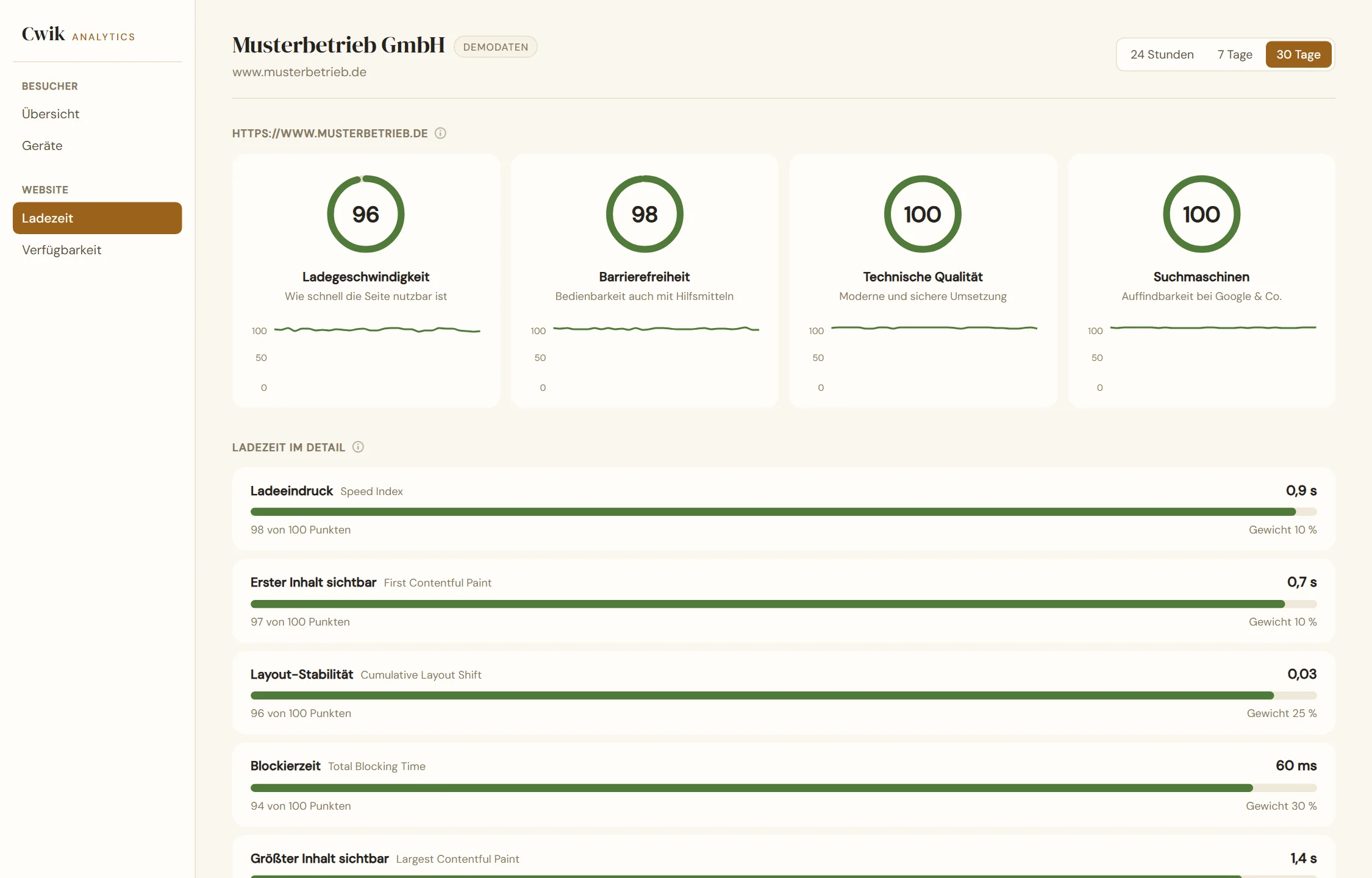 Ladezeit in Cwik Analytics mit Punktwerten für Ladegeschwindigkeit, Barrierefreiheit, technische Qualität und Suchmaschinen